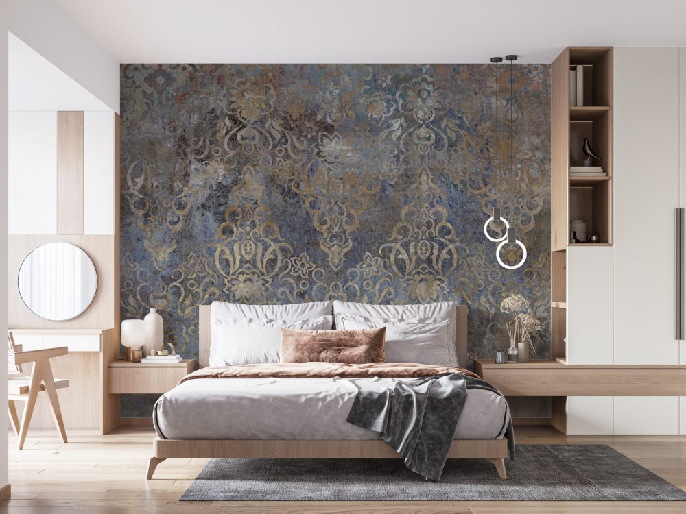 İndigo Mavi ve Antik Gold Eskitme Damask Duvar Kağıdı