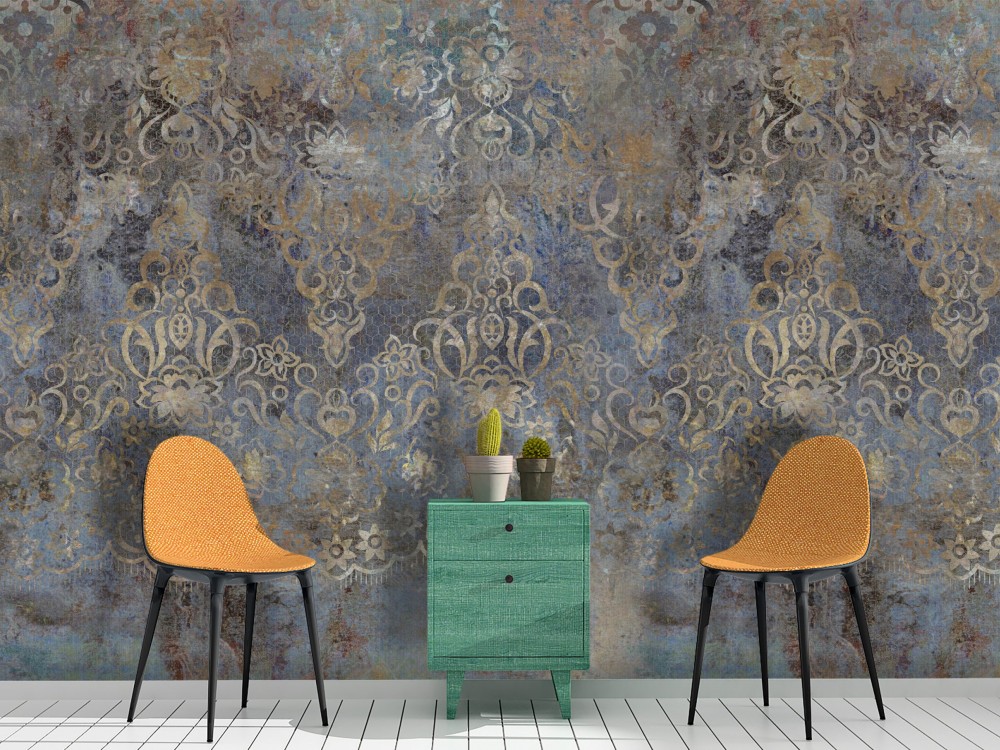 İndigo Mavi ve Antik Gold Eskitme Damask Duvar Kağıdı