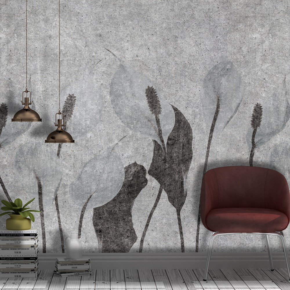 Gri Beton Dokulu ve Antrasit Yelken Çiçeği Desenli Duvar Kağıdı