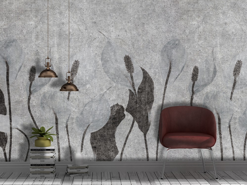 Gri Beton Dokulu ve Antrasit Yelken Çiçeği Desenli Duvar Kağıdı