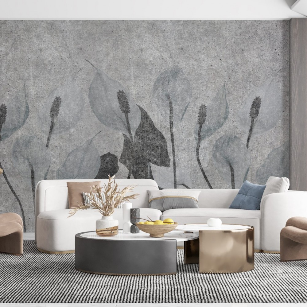 Gri Beton Dokulu ve Antrasit Yelken Çiçeği Desenli Duvar Kağıdı