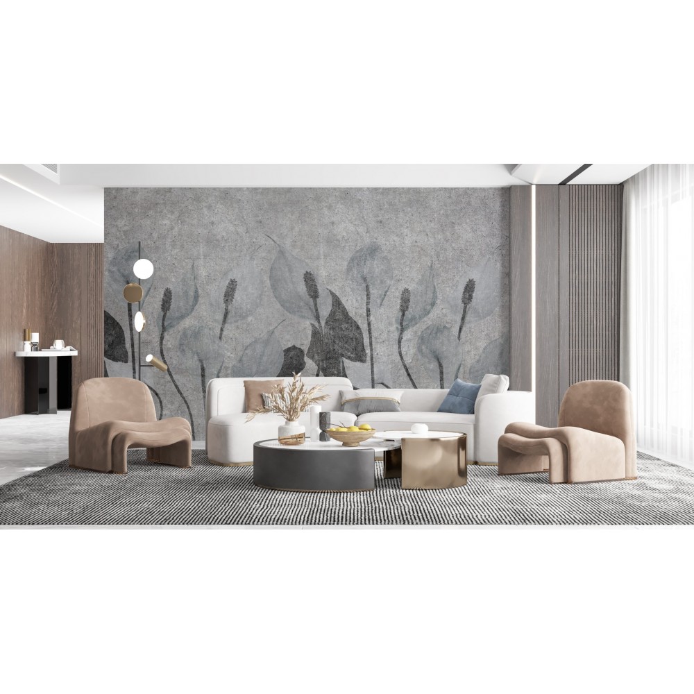 Gri Beton Dokulu ve Antrasit Yelken Çiçeği Desenli Duvar Kağıdı