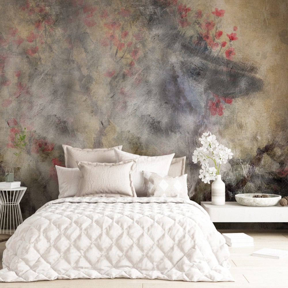 Soyut Yağlı Boya Dokulu ve Pembe Çiçekli Dal Desenli Duvar Kağıdı