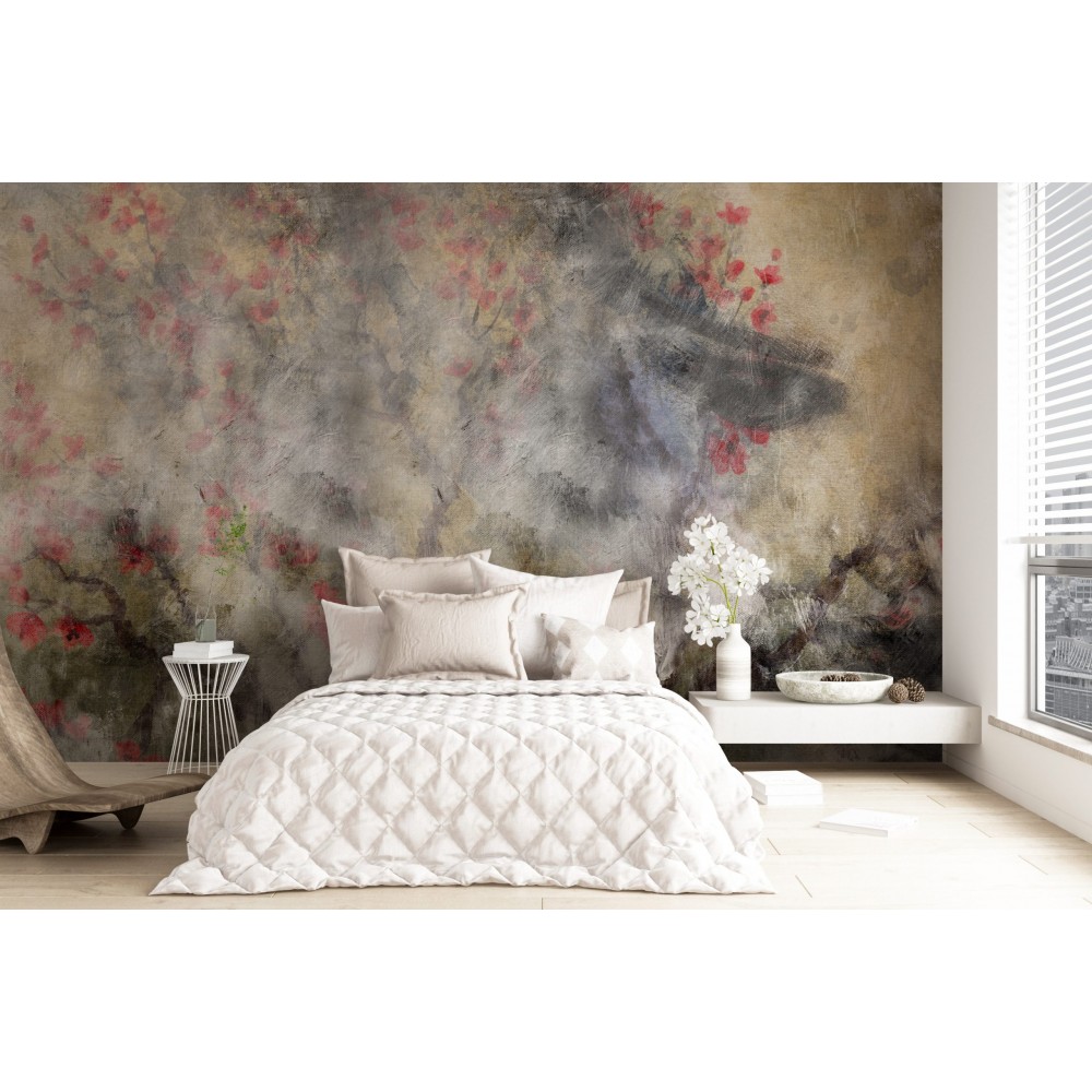 Soyut Yağlı Boya Dokulu ve Pembe Çiçekli Dal Desenli Duvar Kağıdı