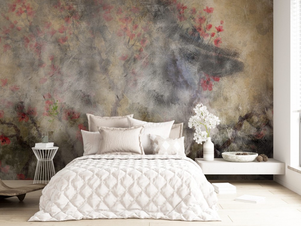 Soyut Yağlı Boya Dokulu ve Pembe Çiçekli Dal Desenli Duvar Kağıdı