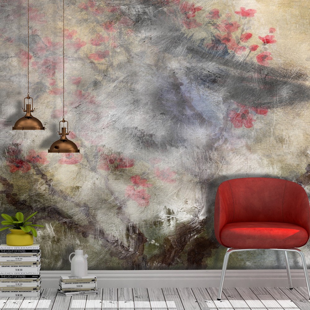 Soyut Yağlı Boya Dokulu ve Pembe Çiçekli Dal Desenli Duvar Kağıdı