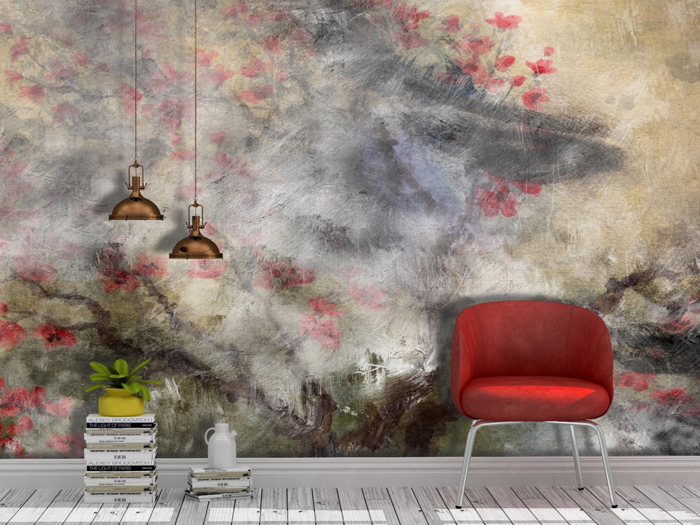 Soyut Yağlı Boya Dokulu ve Pembe Çiçekli Dal Desenli Duvar Kağıdı