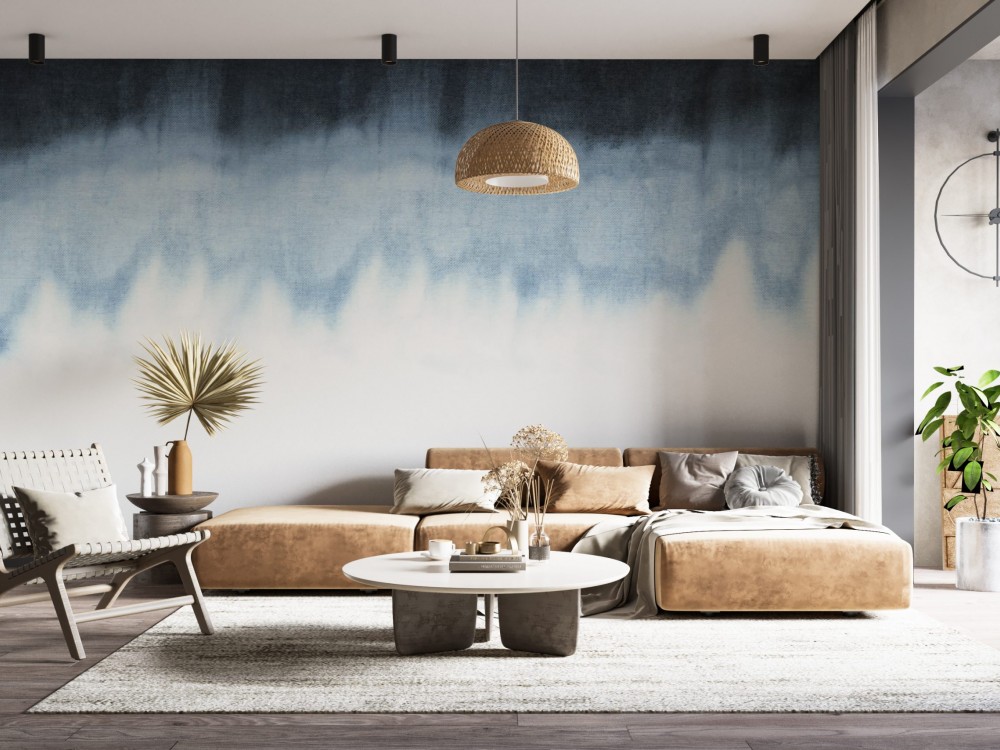 Mavi ve Beyaz Soyut Geçişli Kanvas Dokulu Duvar Kağıdı