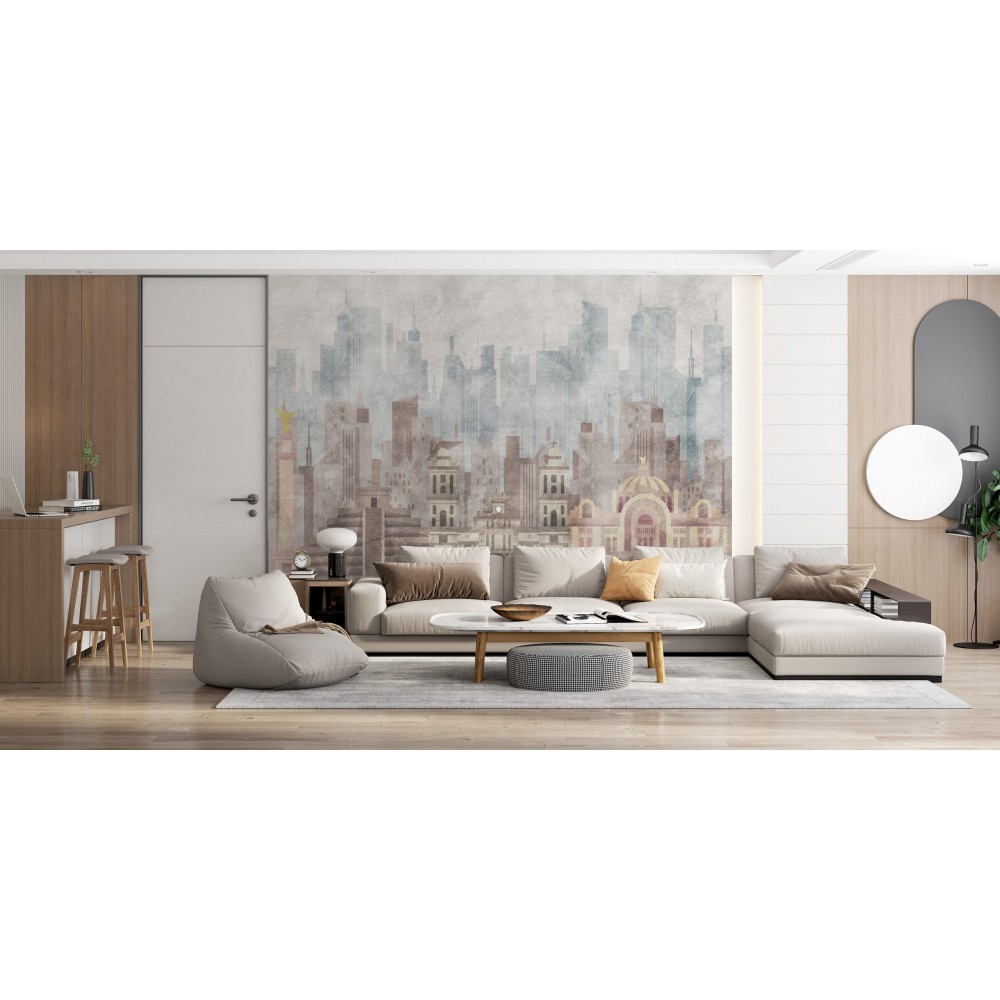 Eskitme Dokulu Mimari Silüet ve Gökdelen Temalı Duvar Kağıdı