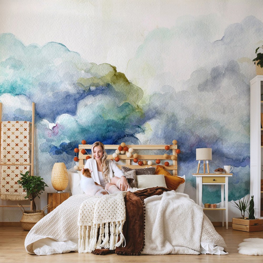 Suluboya Dokulu Renkli Bulutlar ve Gökyüzü Temalı Sanatsal Duvar Kağıdı