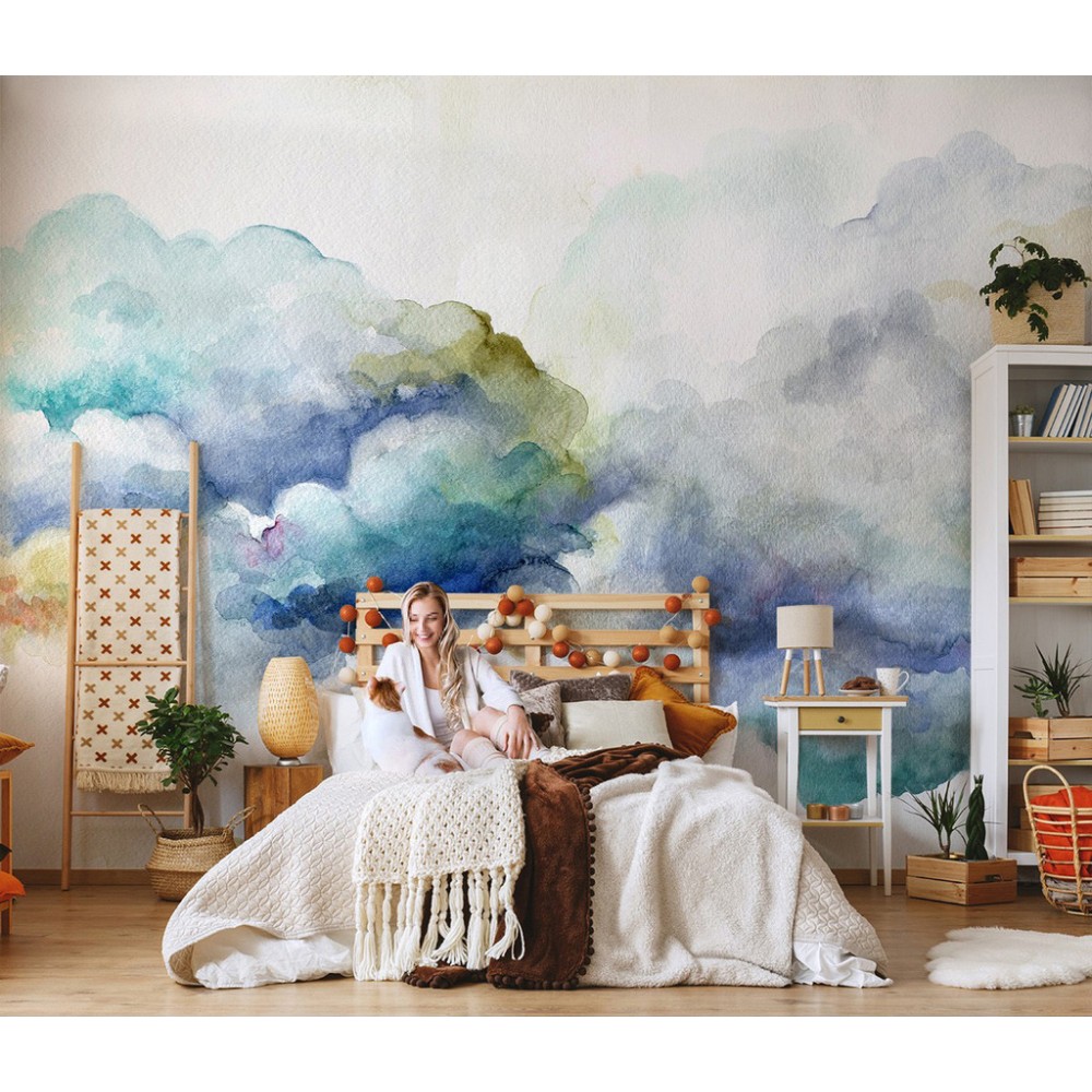 Suluboya Dokulu Renkli Bulutlar ve Gökyüzü Temalı Sanatsal Duvar Kağıdı