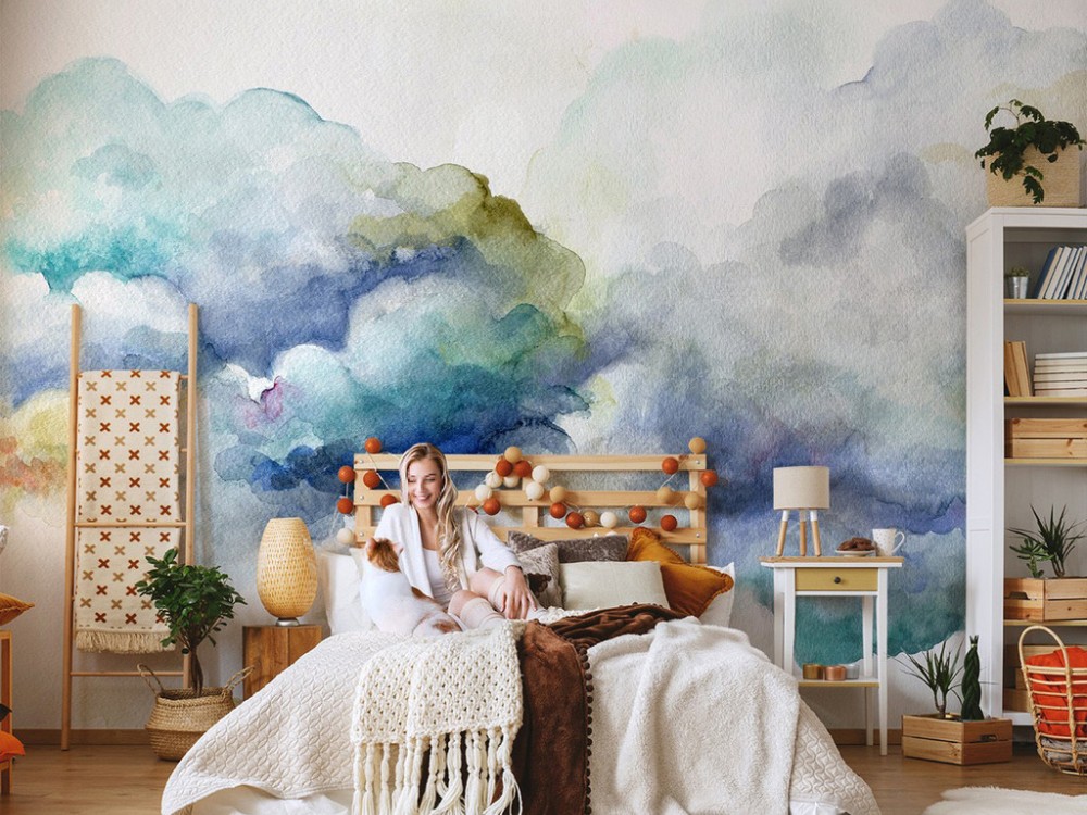 Suluboya Dokulu Renkli Bulutlar ve Gökyüzü Temalı Sanatsal Duvar Kağıdı