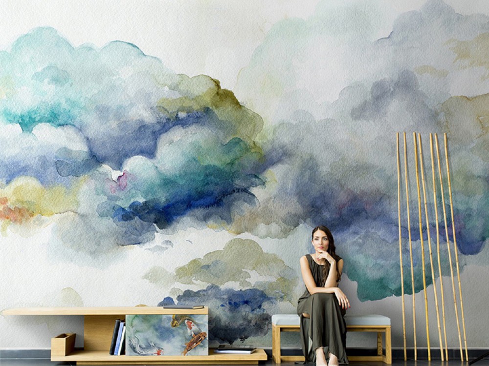 Suluboya Dokulu Renkli Bulutlar ve Gökyüzü Temalı Sanatsal Duvar Kağıdı