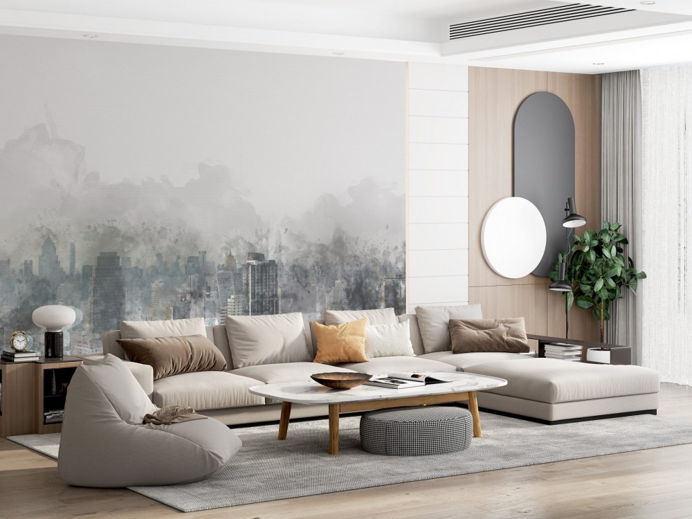 Modern Suluboya Şehir Silüeti ve Puslu Manzara Duvar Kağıdı