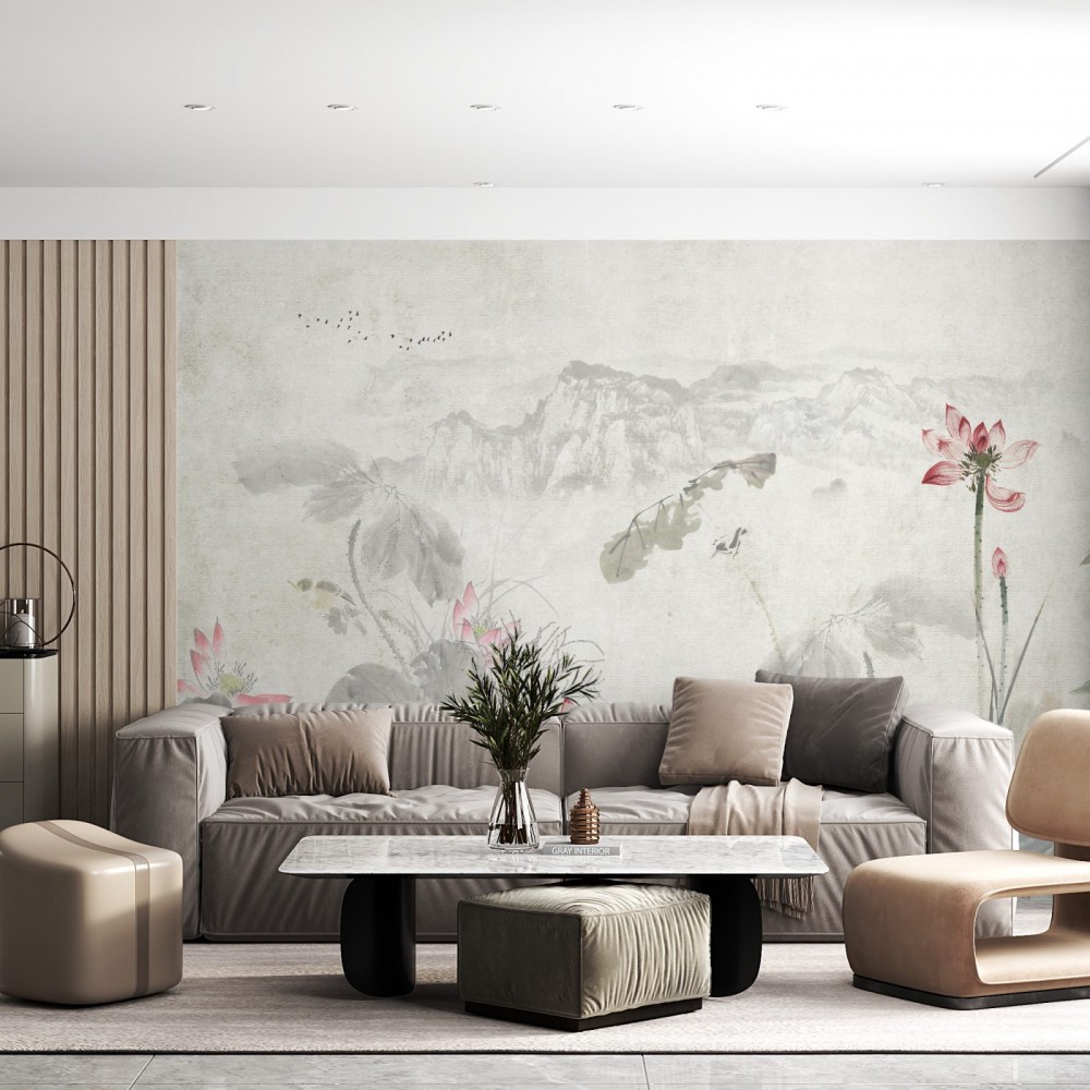 Pembe Lotus Motifli ve Eskitme Dokulu Panoramik Duvar Kağıdı