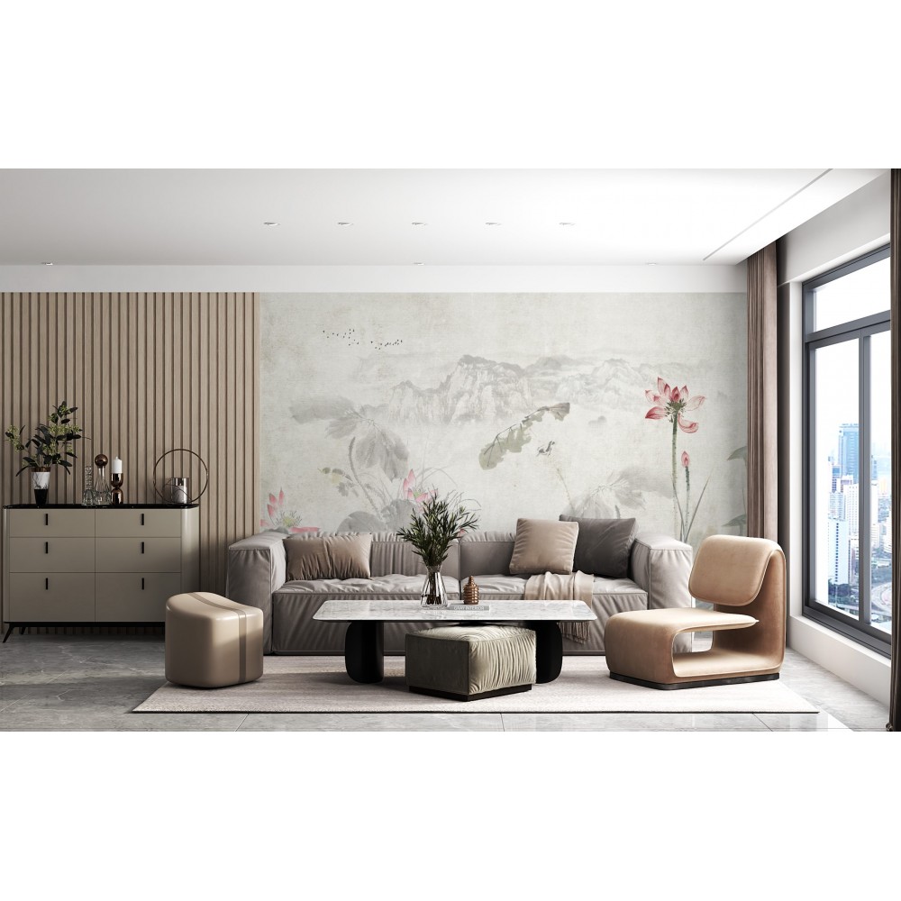 Pembe Lotus Motifli ve Eskitme Dokulu Panoramik Duvar Kağıdı