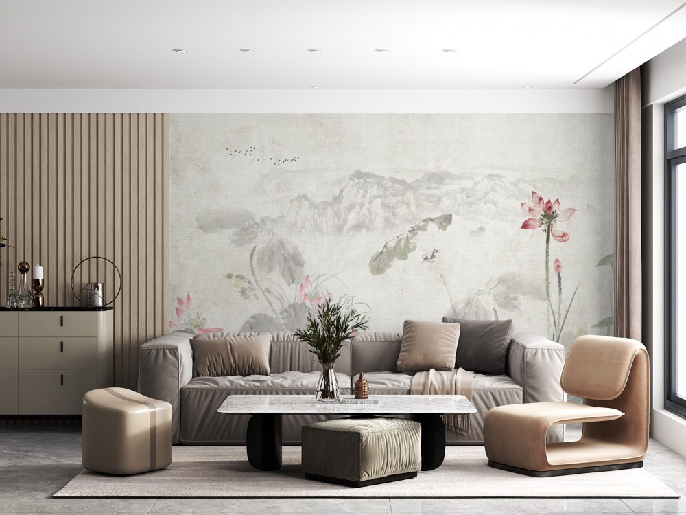 Pembe Lotus Motifli ve Eskitme Dokulu Panoramik Duvar Kağıdı