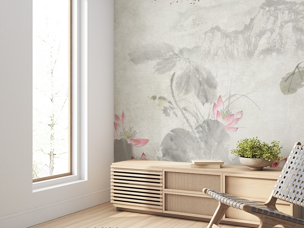 Pembe Lotus Motifli ve Eskitme Dokulu Panoramik Duvar Kağıdı