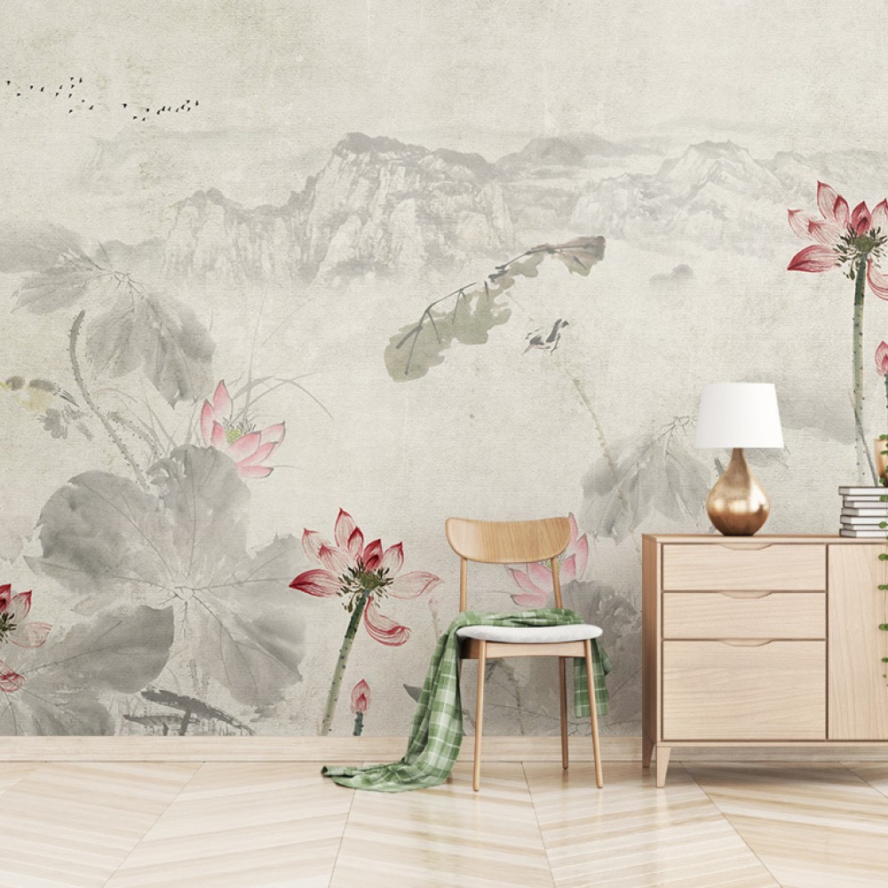 Pembe Lotus Motifli ve Eskitme Dokulu Panoramik Duvar Kağıdı