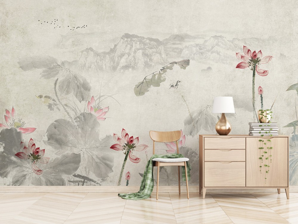 Pembe Lotus Motifli ve Eskitme Dokulu Panoramik Duvar Kağıdı