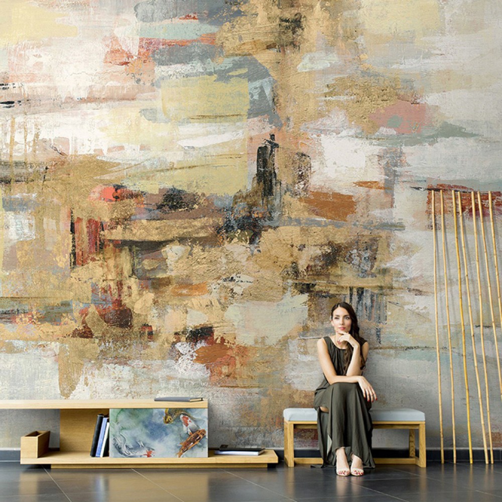 Modern Soyut Yağlı Boya Efektli ve Altın Vurgulu Sanatsal Duvar Kağıdı