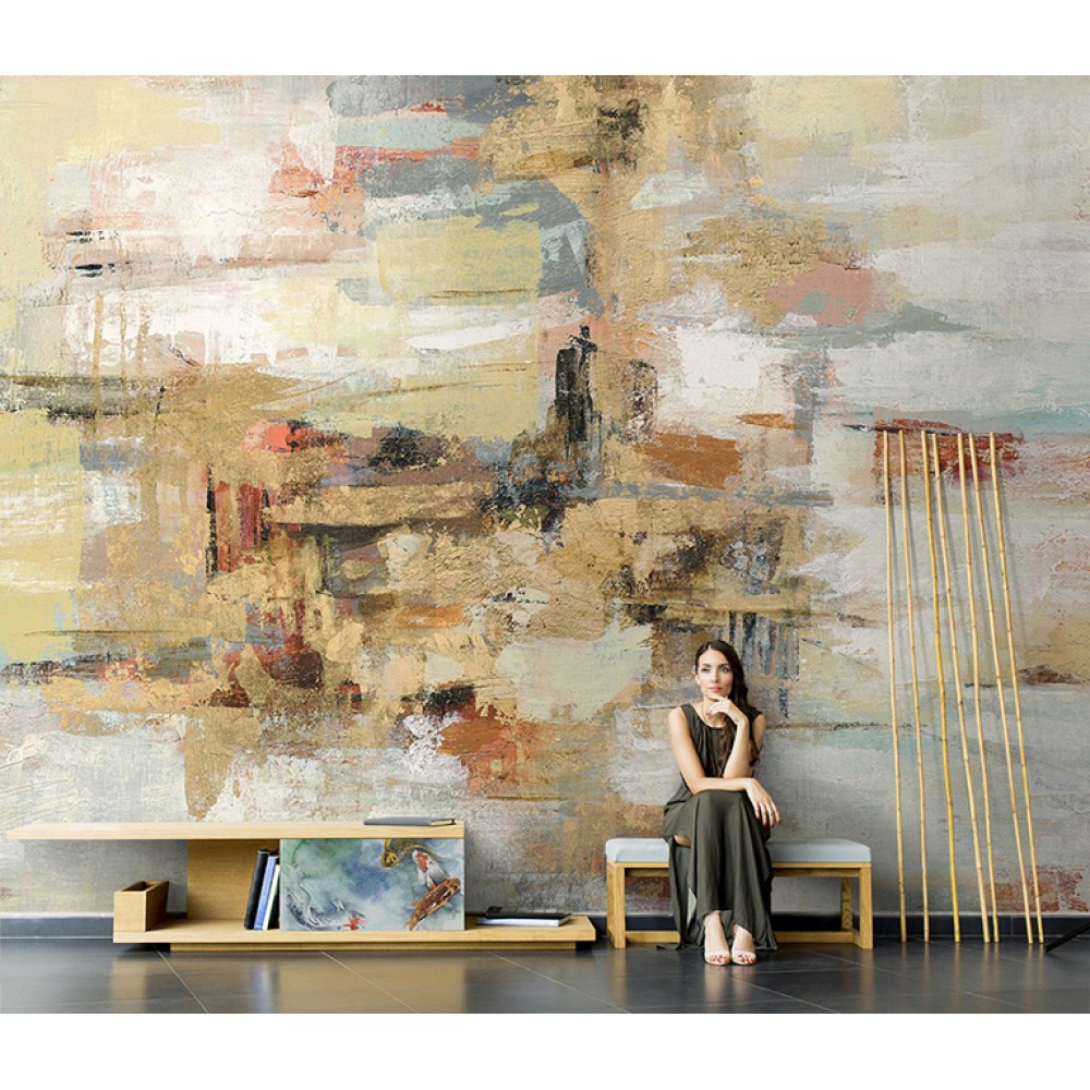 Modern Soyut Yağlı Boya Efektli ve Altın Vurgulu Sanatsal Duvar Kağıdı