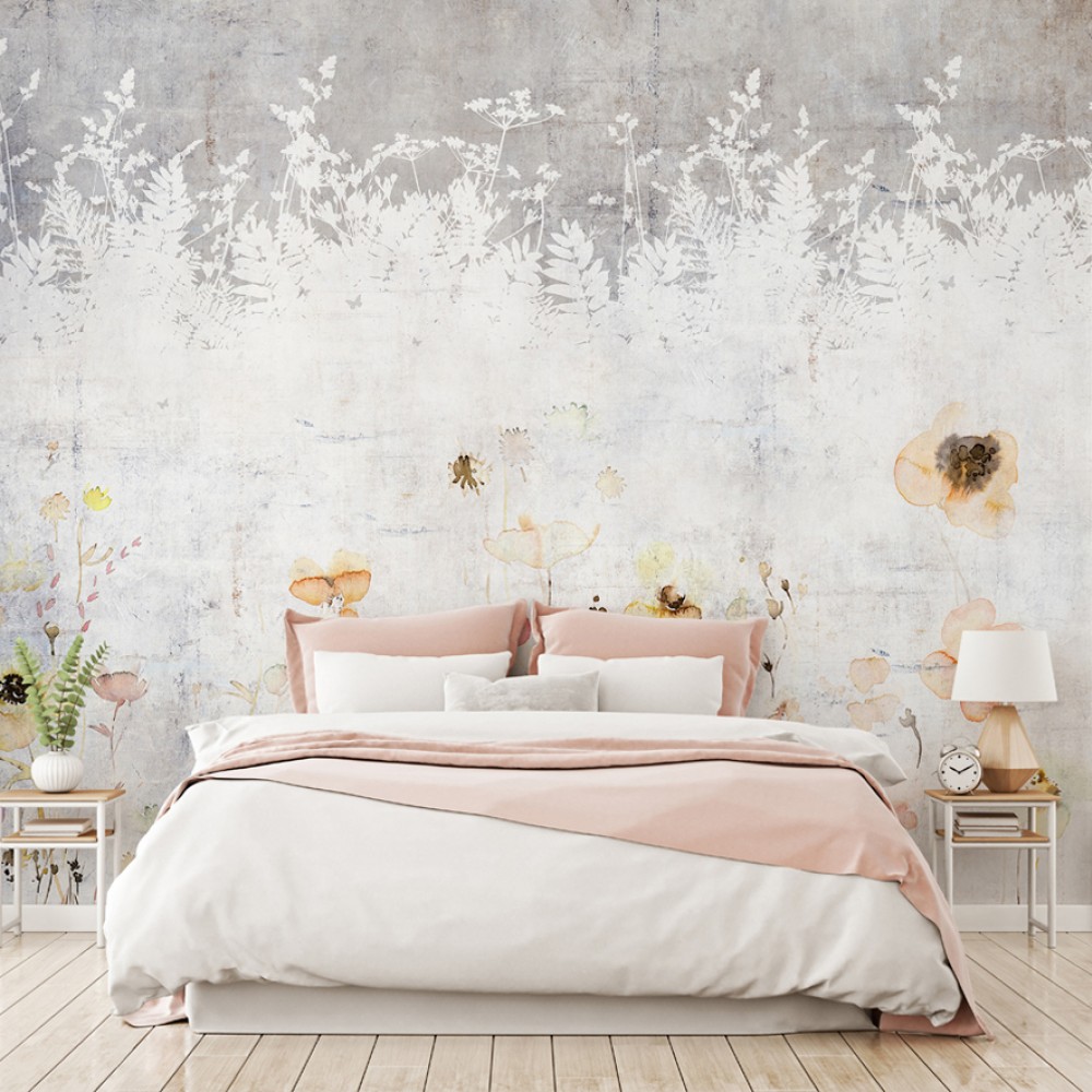 Modern Eskitme Beton Üzeri Beyaz Botanik Silüet ve Suluboya Çiçekli Duvar Kağıdı