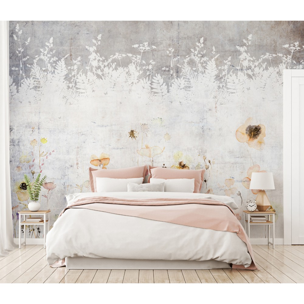 Modern Eskitme Beton Üzeri Beyaz Botanik Silüet ve Suluboya Çiçekli Duvar Kağıdı
