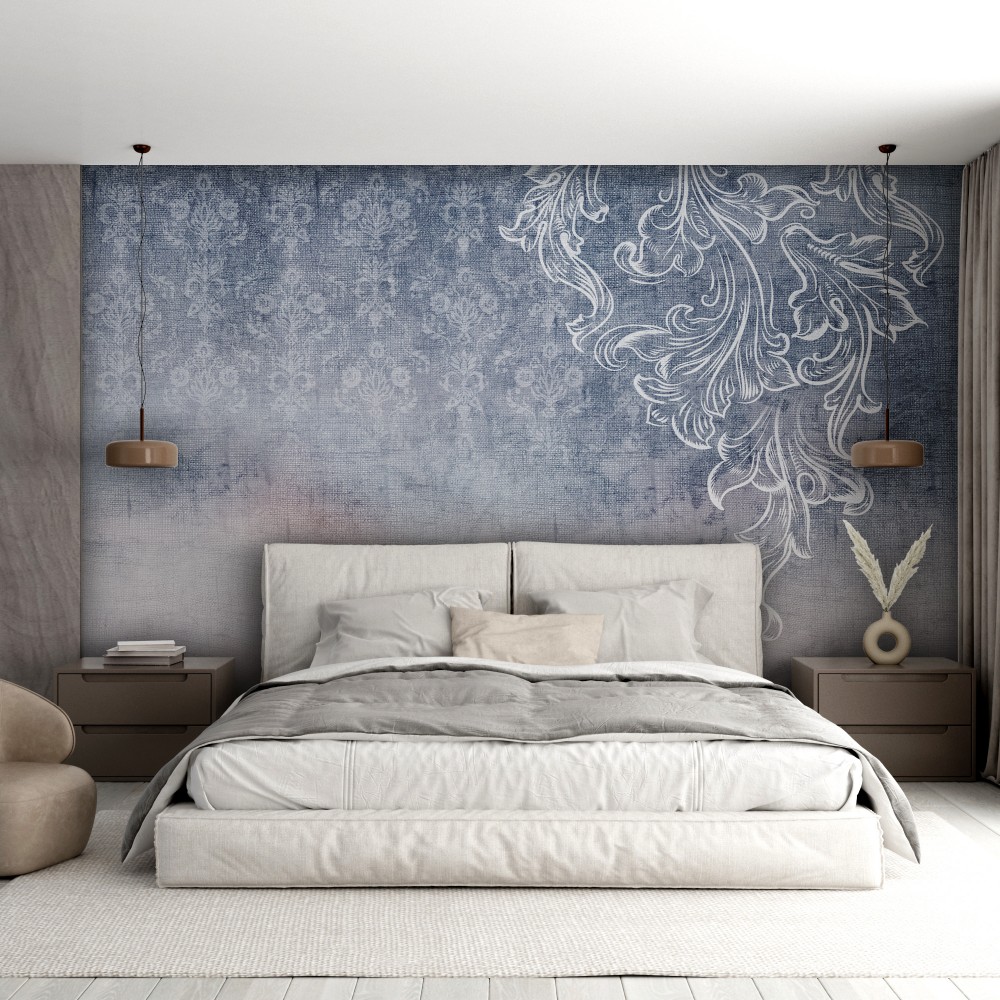  İndigo Denim Dokulu ve El Çizimi Beyaz Barok Motifli Duvar Kağıdı