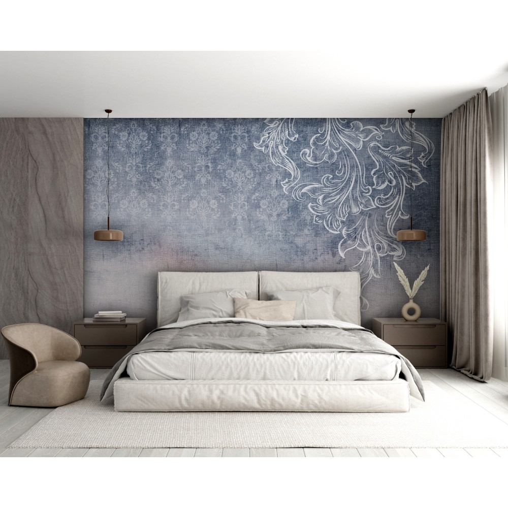  İndigo Denim Dokulu ve El Çizimi Beyaz Barok Motifli Duvar Kağıdı