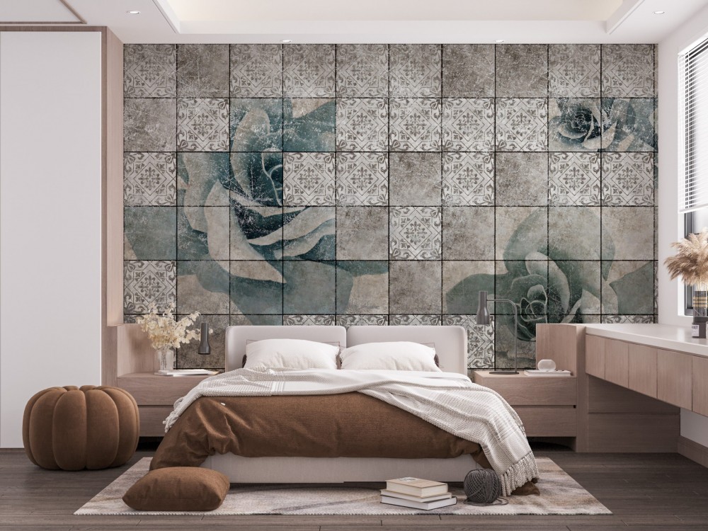 Eskitme Karo Dokulu ve Gül Desenli Antik Gri Duvar Kağıdı