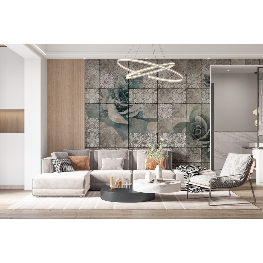 Eskitme Karo Dokulu ve Gül Desenli Antik Gri Duvar Kağıdı