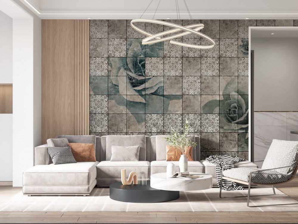 Eskitme Karo Dokulu ve Gül Desenli Antik Gri Duvar Kağıdı