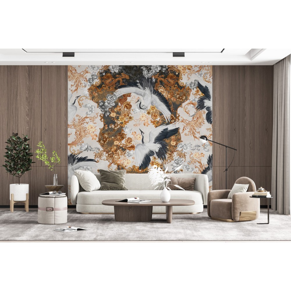 Vintage Çiçek Motifli, Ejderha Detaylı ve Sanatsal Turna Kuş Figürlü Duvar Kağıdı