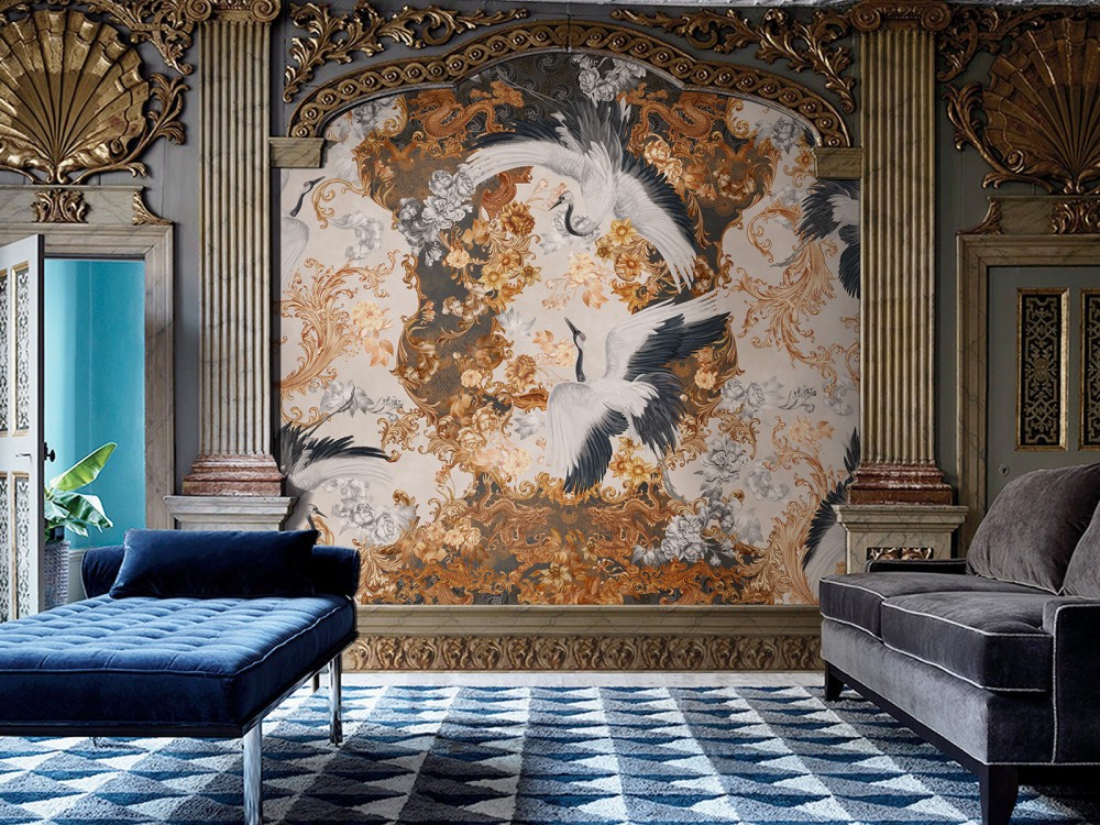 Vintage Çiçek Motifli, Ejderha Detaylı ve Sanatsal Turna Kuş Figürlü Duvar Kağıdı