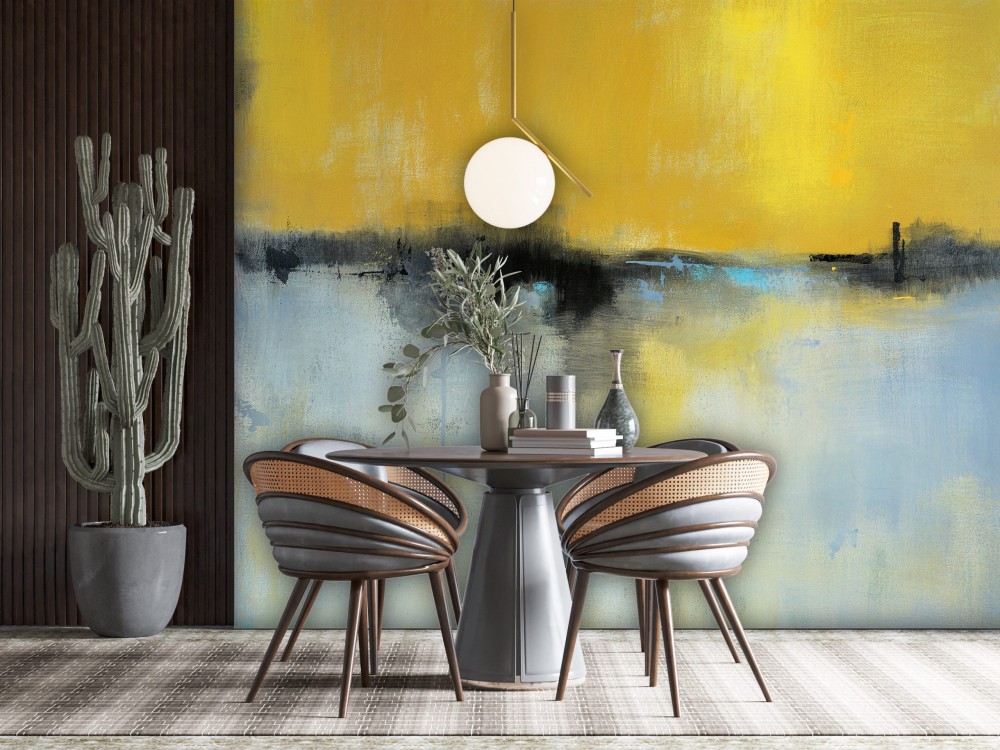 Modern Soyut Yağlı Boya Efektli Hardal ve Gri Fırça Darbeli Duvar Kağıdı