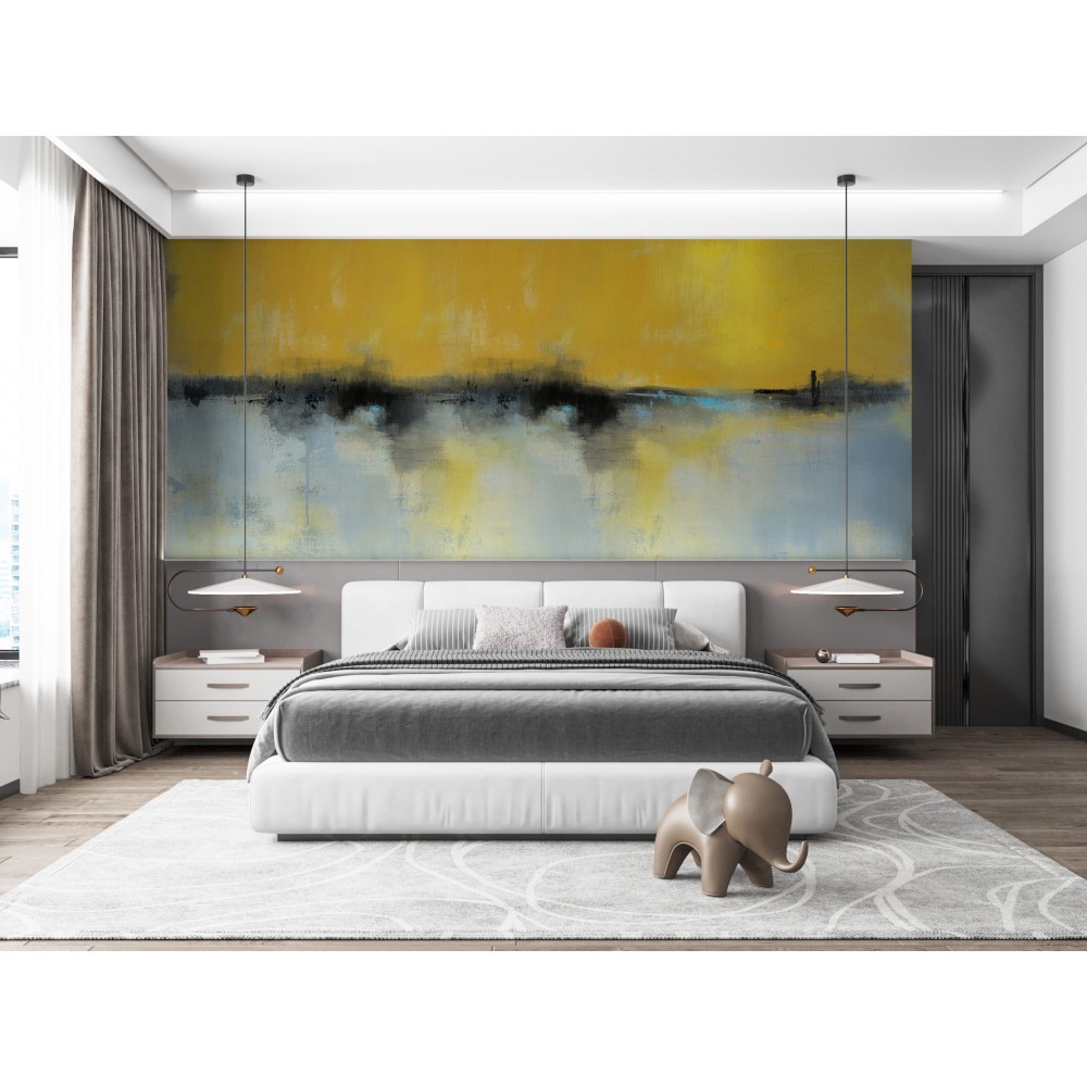 Modern Soyut Yağlı Boya Efektli Hardal ve Gri Fırça Darbeli Duvar Kağıdı