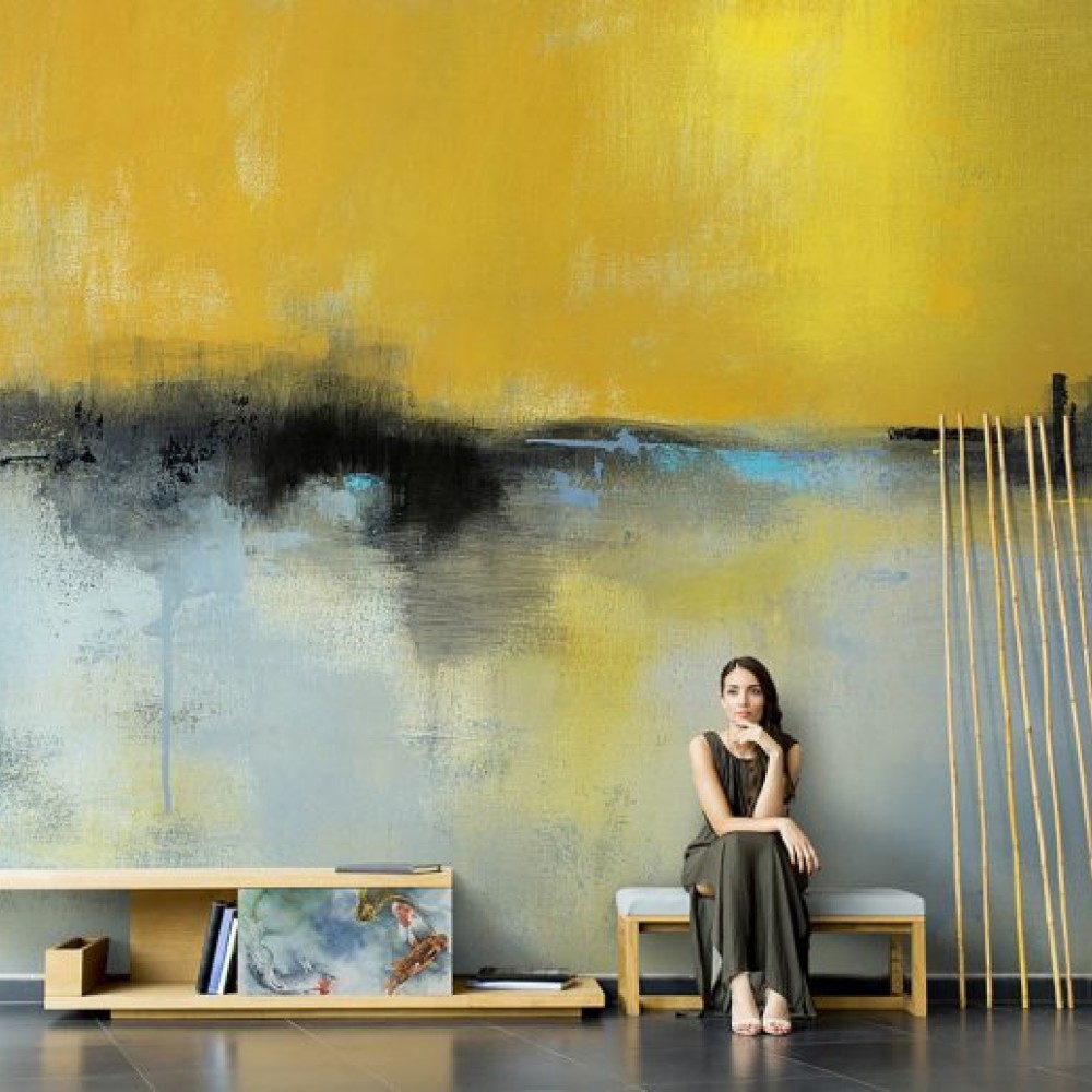 Modern Soyut Yağlı Boya Efektli Hardal ve Gri Fırça Darbeli Duvar Kağıdı