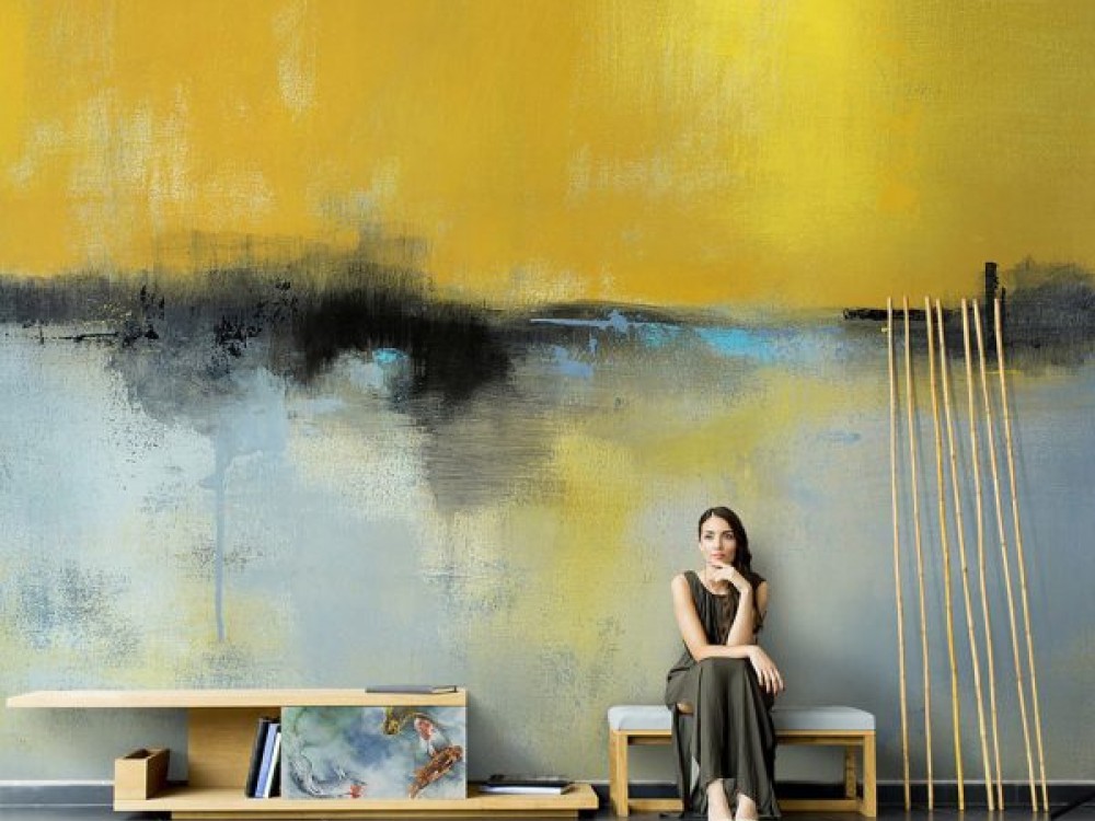 Modern Soyut Yağlı Boya Efektli Hardal ve Gri Fırça Darbeli Duvar Kağıdı