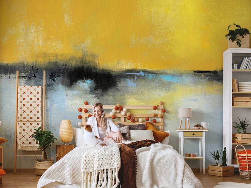 Modern Soyut Yağlı Boya Efektli Hardal ve Gri Fırça Darbeli Duvar Kağıdı