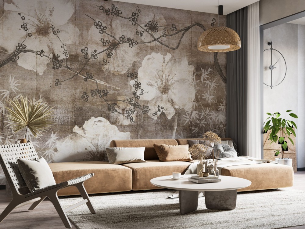 Dev Çiçek Motifli, Kiraz Dalı ve Bambu Desenli Antik Kahve Duvar Kağıdı 