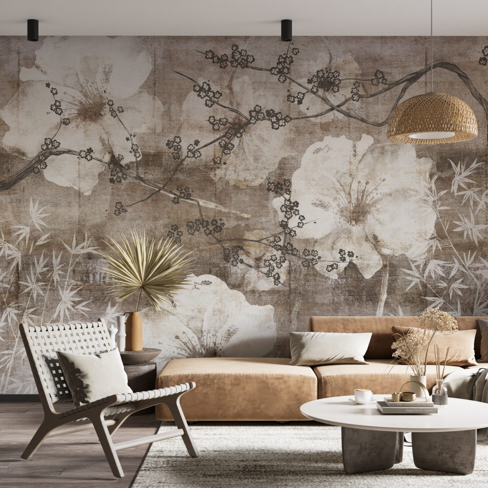 Dev Çiçek Motifli, Kiraz Dalı ve Bambu Desenli Antik Kahve Duvar Kağıdı 