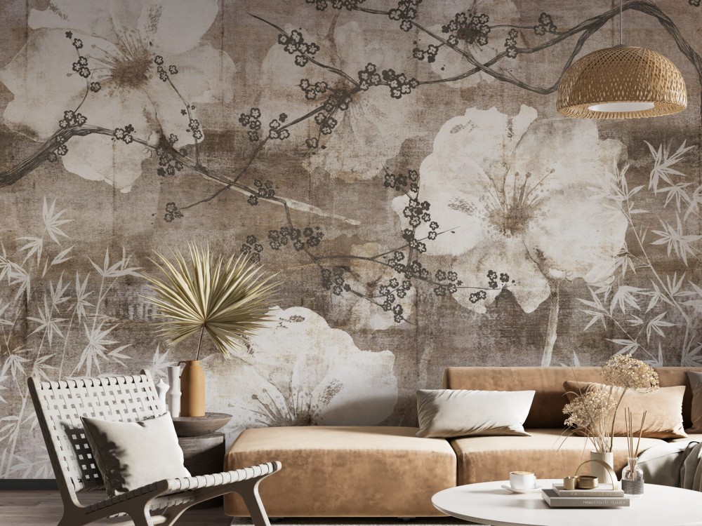 Dev Çiçek Motifli, Kiraz Dalı ve Bambu Desenli Antik Kahve Duvar Kağıdı 