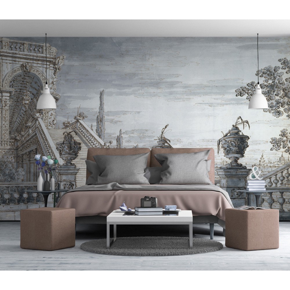 Vintage Avrupa Saray Merdivenleri ve Klasik Mimari Manzaralı Duvar Kağıdı