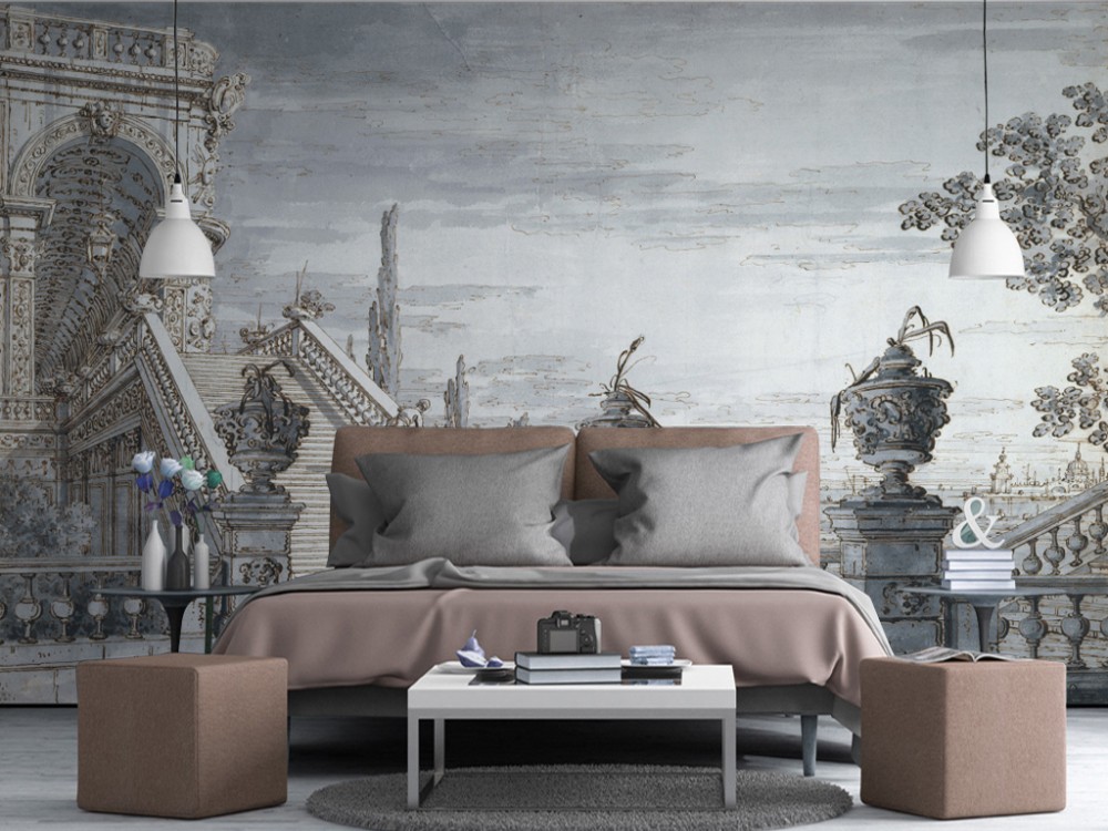 Vintage Avrupa Saray Merdivenleri ve Klasik Mimari Manzaralı Duvar Kağıdı