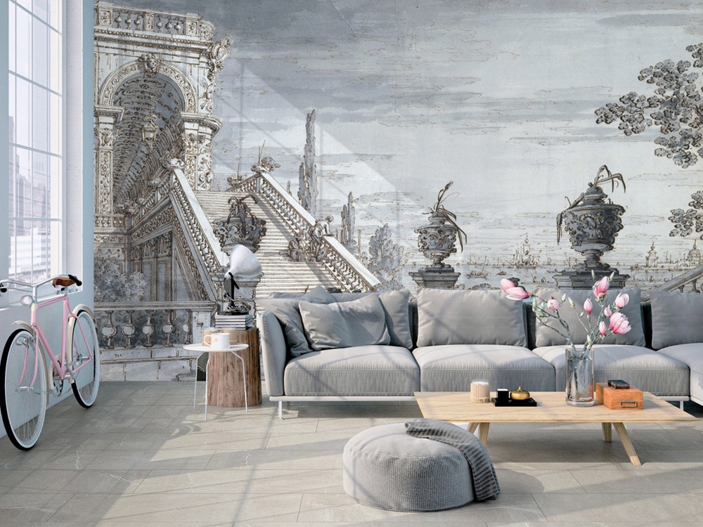 Vintage Avrupa Saray Merdivenleri ve Klasik Mimari Manzaralı Duvar Kağıdı