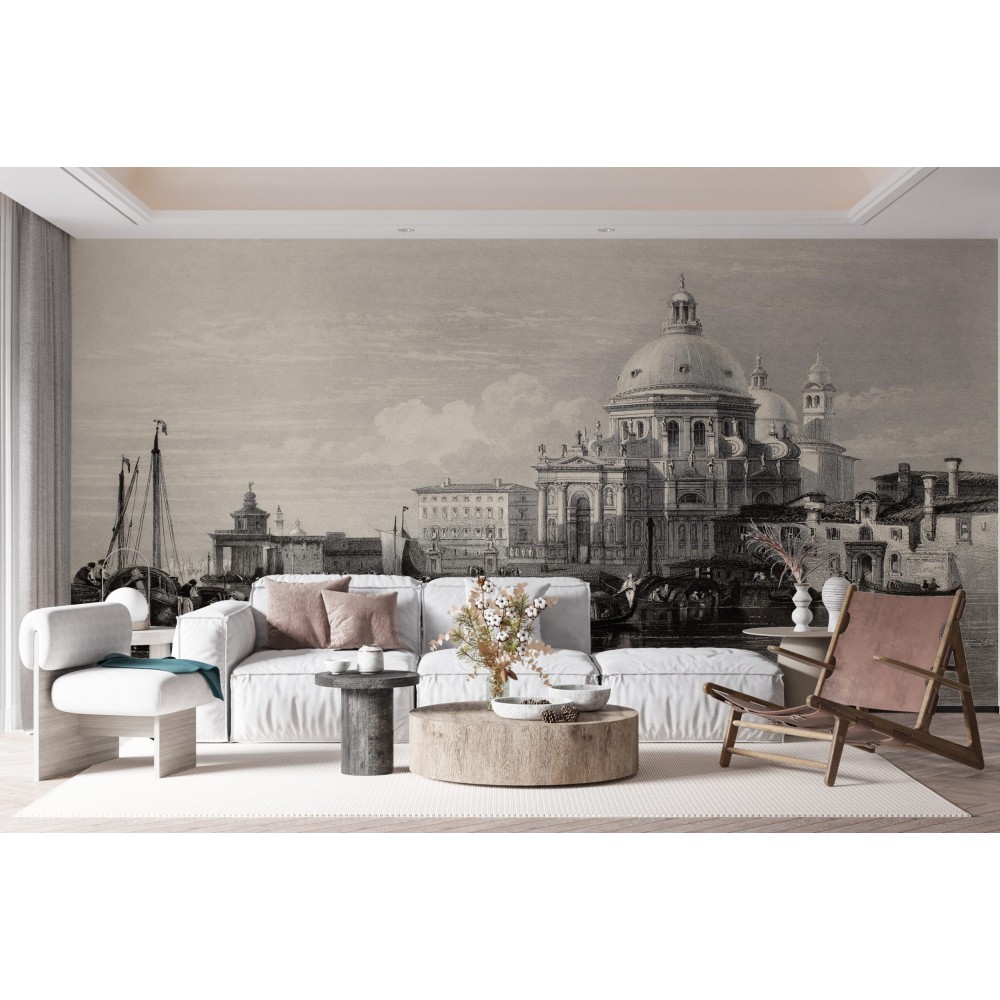 İtalyan Mimarisi Venedik Temalı Eskiz Çizim ve Panoramik Manzaralı Duvar Kağıdı