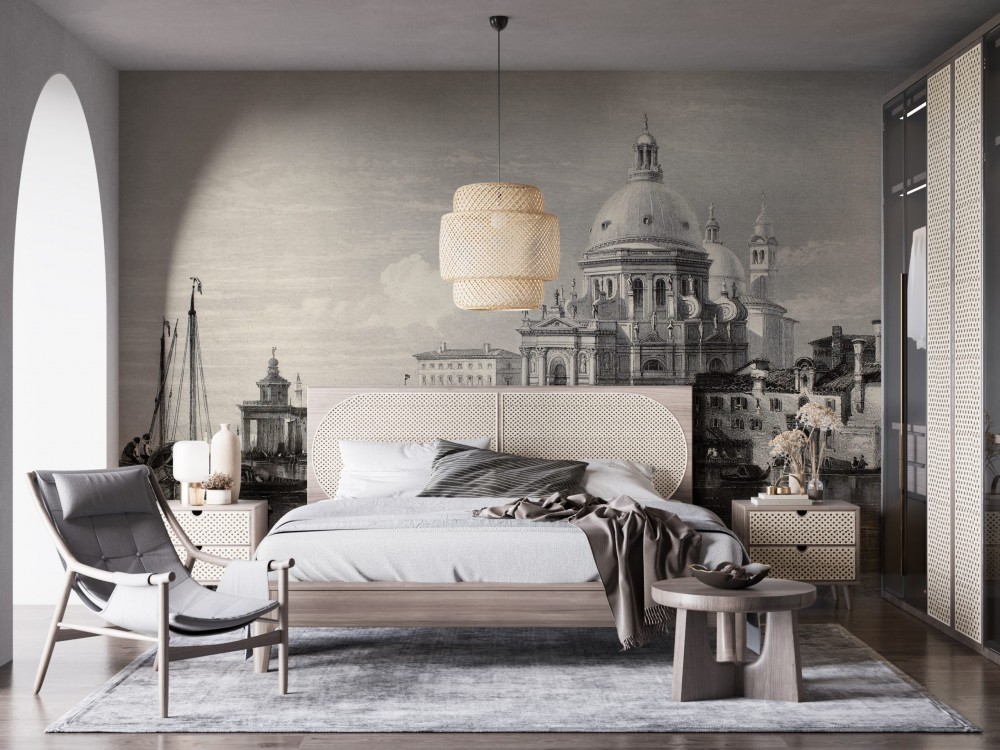 İtalyan Mimarisi Venedik Temalı Eskiz Çizim ve Panoramik Manzaralı Duvar Kağıdı