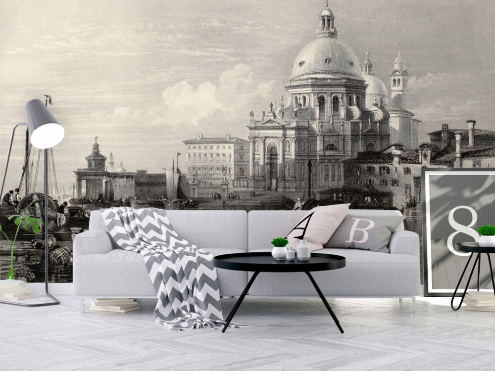 İtalyan Mimarisi Venedik Temalı Eskiz Çizim ve Panoramik Manzaralı Duvar Kağıdı