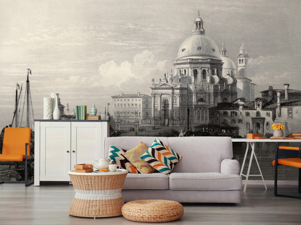 İtalyan Mimarisi Venedik Temalı Eskiz Çizim ve Panoramik Manzaralı Duvar Kağıdı